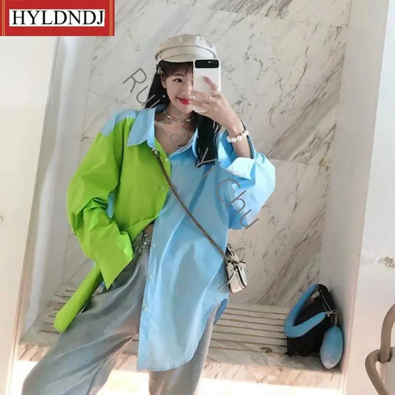 New Women Blue Green Patchwork Shirt Contrast Loose Top Women's Fashion Tunics Elegant Blouses for Women Summer Shirts for