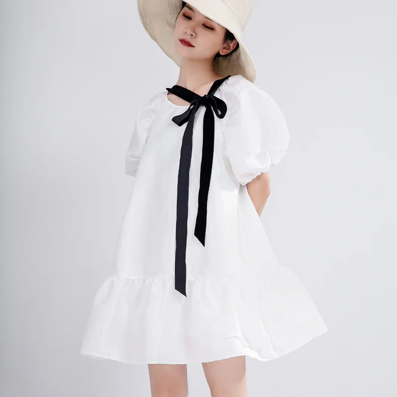 

Элегантное Бандажное дизайнерское платье с бантом и пышными рукавами для женщин, Свободные повседневные слитные милые офисные женские пла...