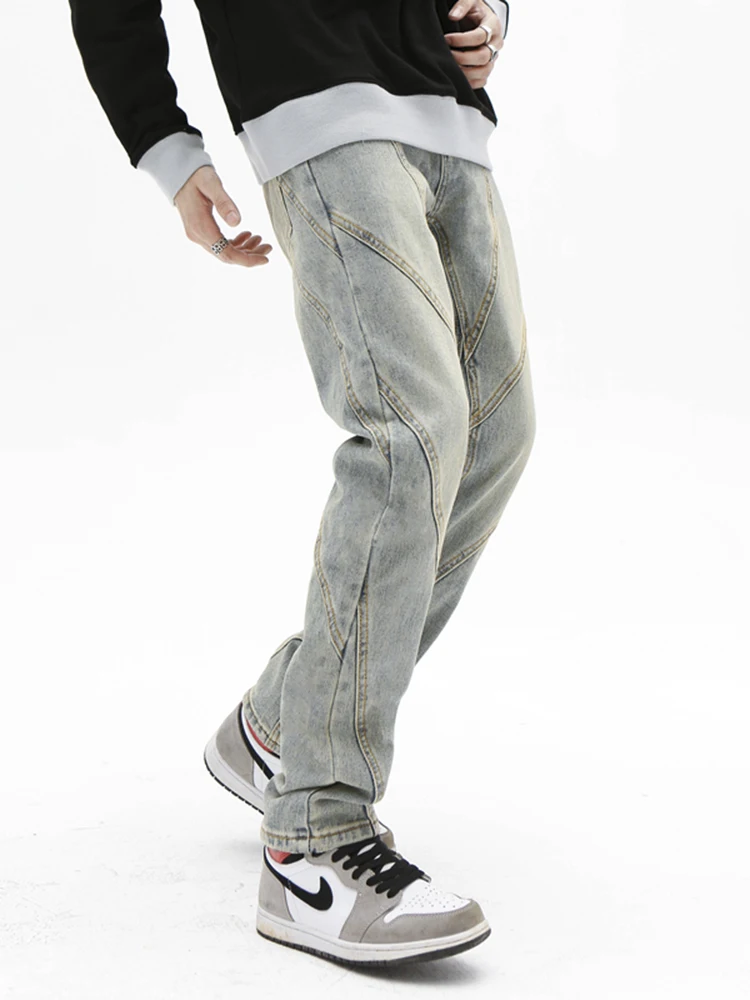 Gaojie American Retro Stitching Jeans Men's Loose Straight Pants Trousers Designer Clothing Hip -hop Jeans Street Clothing Denim