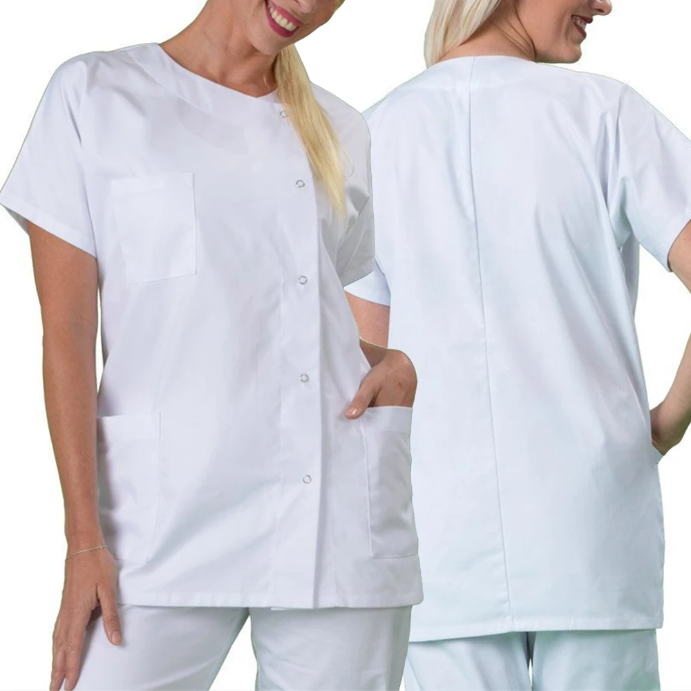 

Women Men Oversize Collarless Short Sleeve Medical Dress Hospital Lab Coat Workwear Top Loose Casual Blouse Crotch Shirt