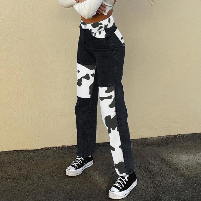 BiggOrange 2020 High Waist Streetwear Pants Grunge Style 90s Denim Jeans Cow Patchwork Fashion Women E-girl Trendy Trousers