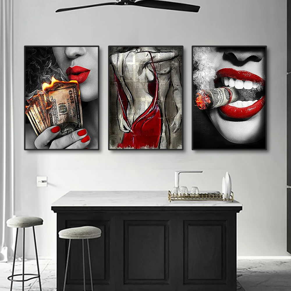 Современный стиль красные губы и пламя абстрактная картина на холсте