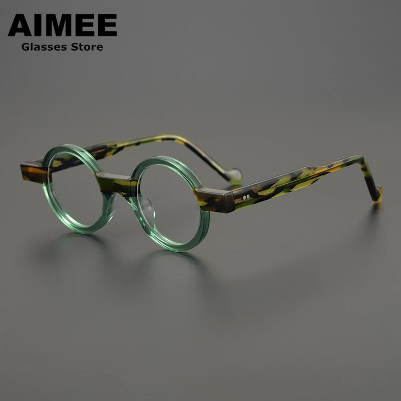 Fashion Trend Designer Personality Glasses Frame Men's Vintage Round Acetate Optical Eyeglasses Women Myopia Eyewear Blue Lenses