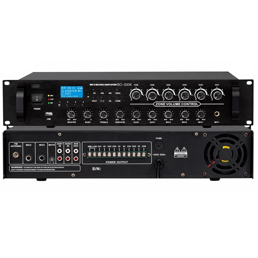 

BO-500K Professional Mp3 Zone Control 6 Channels 500W Karaoke Mixing Amplifier for Concert Stage Audio Sound Home use