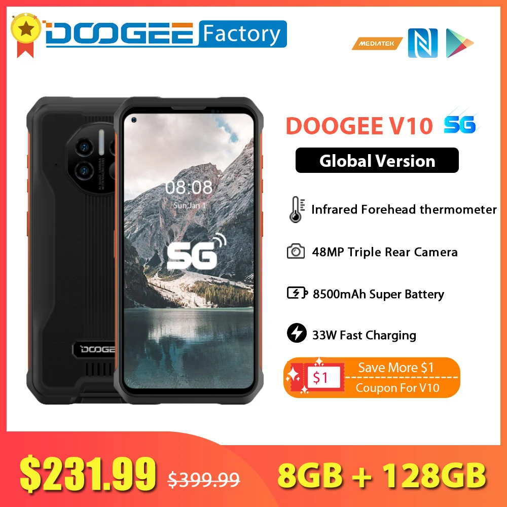 Смартфон DOOGEE V10 8 + 128 ГБ ядер камера 48 МП дисплей 6 39 дюйма 8500 мАч 33 Вт |