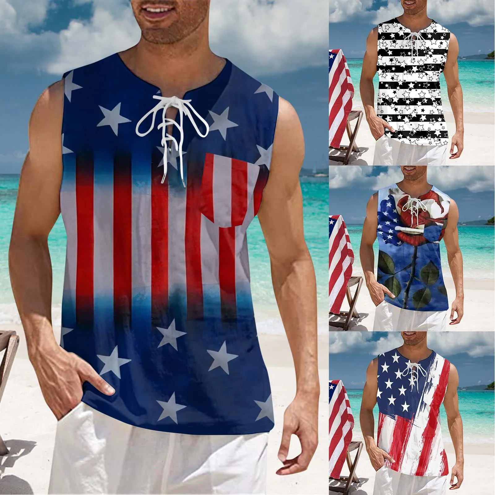 

Compression Sleeve Mens Summer Independence Day Print Casual Comfortable Sleeveless Lace Up Tank Top 50 Tops for Men