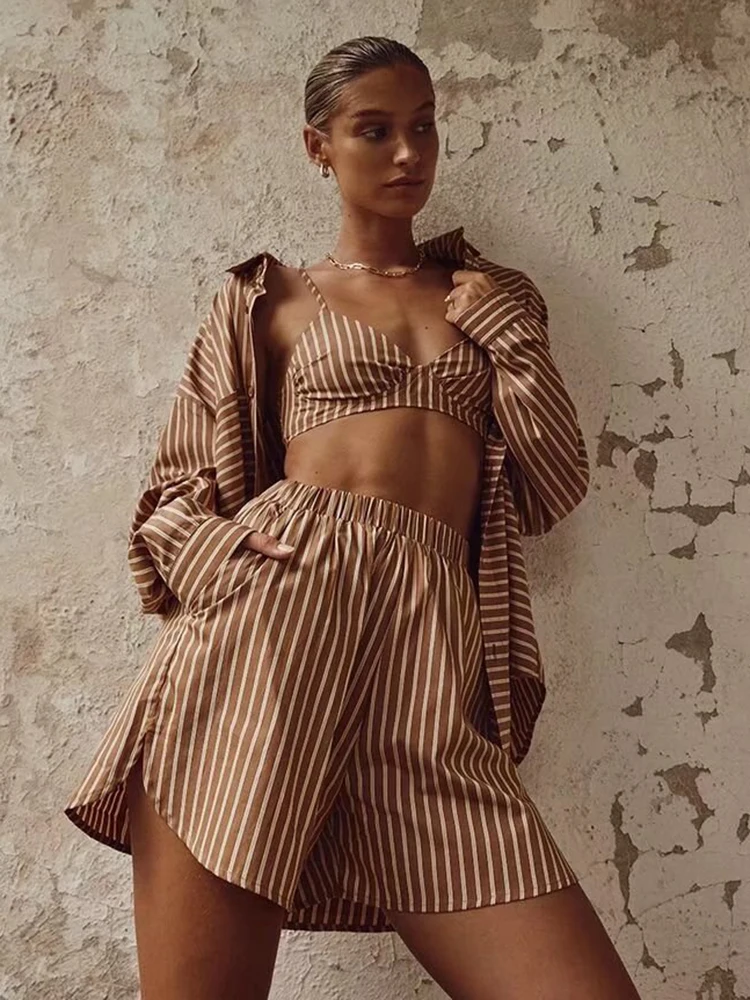 

KBAT 2022 Shorts And Shirt Set Casual Stripe Long Sleeve Top Two-piece Suit Female Oversize Loose Summer Two Piece Set Women