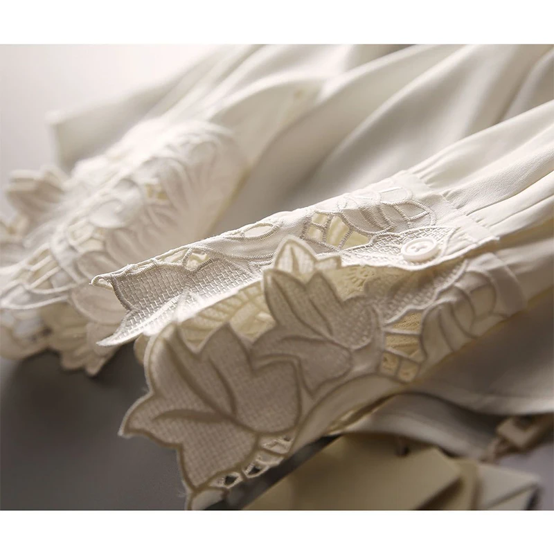 Женский ажурный пуловер с рюшами Элегантная модная блузка вышивкой и длинным