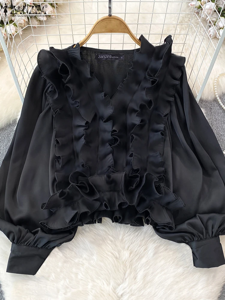 ZANZEA повседневная свободная однотонная блузка с v-образным вырезом 2024 винтажные