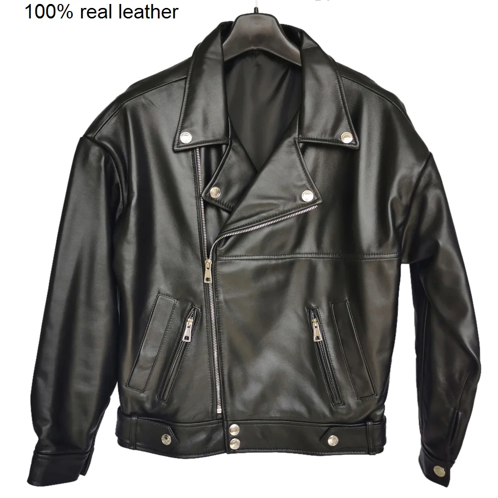 Women Genuine Leather Jacket Soft 100% Natural Sheepskin Drop-Shoudler Loose OVERSIZE Bust 110-126cm M487