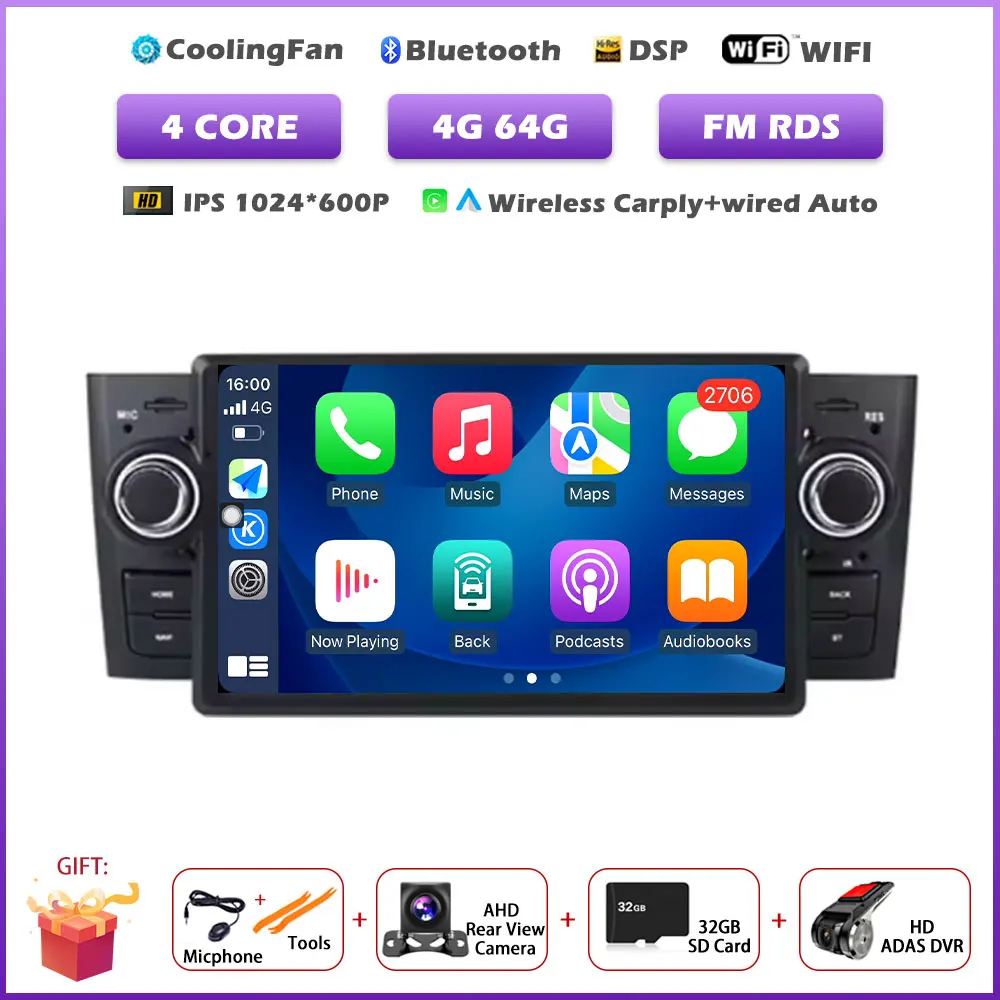 

Для Fiat Grande Punto Linea 2007-2012: 7-дюймовый автомобильный мультимедийный плеер Android 16 с GPS, Carplay, автомагнитолой, стереосистемой, видео- и аудиоплеером, головным устройством