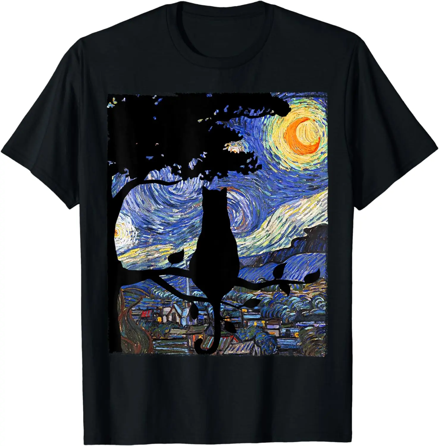 Футболка с изображением кота и звездной ночи Ван Гога смешная футболка мужская