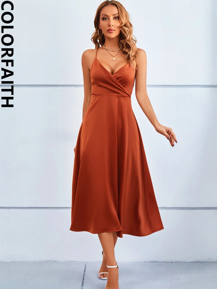 

Colorfaith New 2022 Sundress Dress With A Halter Top Strapless Backless Sexy Satin Retro Women Spring Summer Pure Dresses DR2019