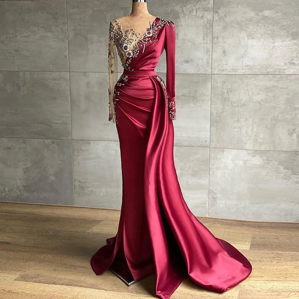 

Classic Evening Dresses Long Luxury 2022 O-Neck Lace Applique Full Sleeves Prom Dress Satin Sweep Train Trumpet Robes De Soirée