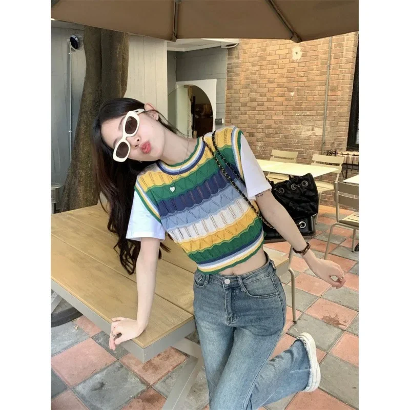 Иллюзионная футболка с круглым вырезом и цветными блоками полосатая вязаная