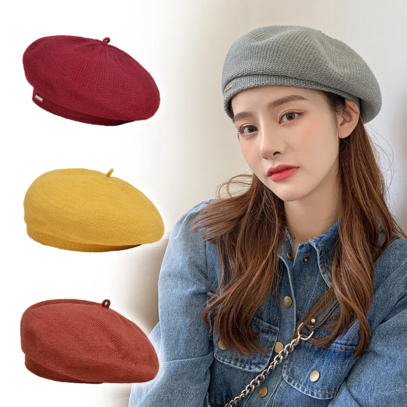 

Новинка 2023 летняя шапка вязаный берет Женская Корейская версия японский ретро британский художник шляпа женская кепка женская шапка сетчатая шляпа