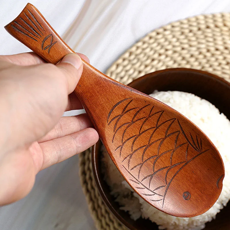 

Wooden Rice Spoon Long Handle Fish Shape Rice Shovel Heat Resistant Non-stick Rice Scoop Cooking Tools Kitchen Gadgets Cookware