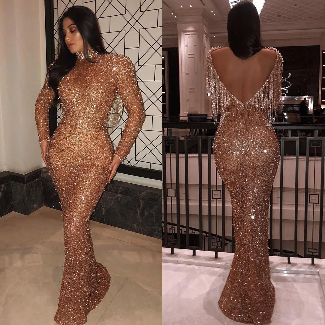 

New Sequin Tassel Sexy Backless Mermaid Prom Dresses Halter Floor Length Long Sleeves Evening Dress