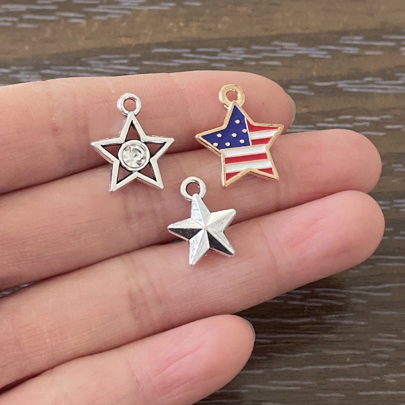 

15PCS DIY Charms Crystal Star Enamel USA Flag Pendant For Charm Bracelet Necklace Earrings Keychains Bookmark Jewelry Makings