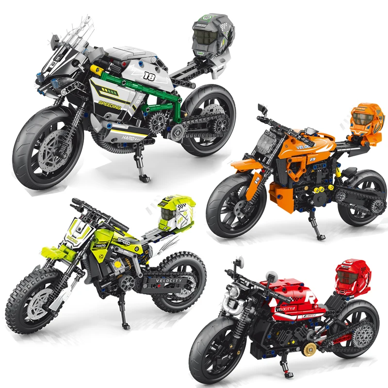 MOC Mechanical Oversized Off-road Mountain Motorcycle Building Blocks With Helmets Children's Assembled Brick Toys Birthday Gift