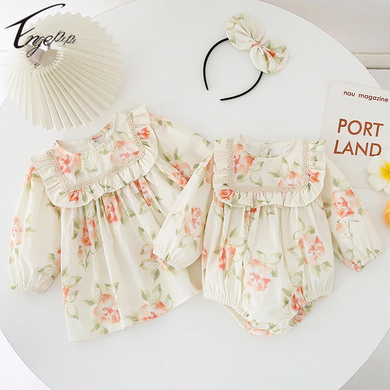 

Новинка 2023, стильные детские платья принцессы с длинным рукавом и цветочным принтом для девочек, одежда для сестры, Комбинезоны для младенц...