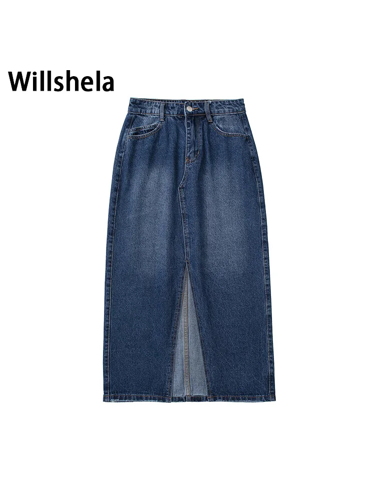 

Willshela женские модные джинсовые однотонные юбки средней длины с разрезом спереди на молнии винтажные женские юбки с высокой талией