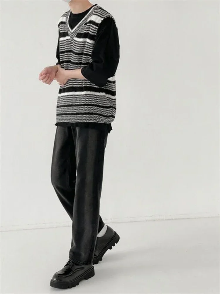 Полосатый вязаный свитер мужской жилет Мужская одежда синий без рукавов с