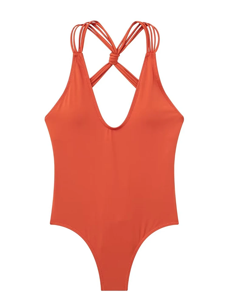

TRAF Summer New Women Solid Chest Wrap Swimsuit 2023 Beach Style Female Sexy Deep V-Neck Chic Back Knot Design Sleeveless Romper
