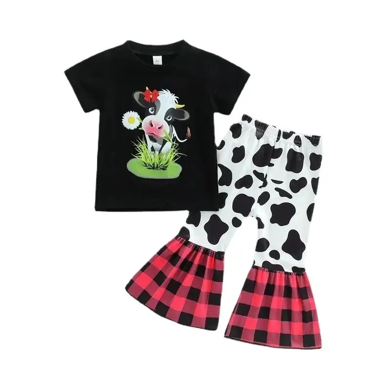 

Summer Boutique Girls Suit Cute Cow Print Short-sleeved Top Red Plaid Stitching Flared Pants 2-Piece Set