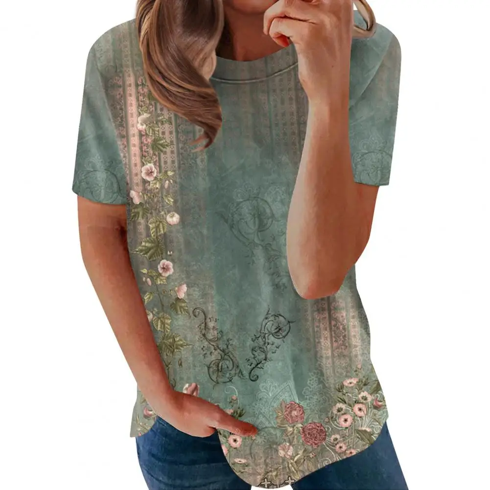 

Tee Shirt Classic Breathable Short Sleeve Women Flower Pattern Loose Pullover Tee Shirt Streetwear Women T-shirt Pullover Top
