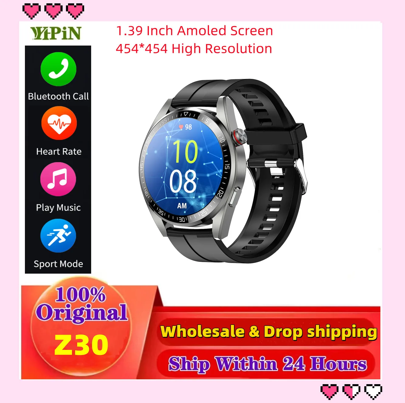 

1.39 Inch AMOLED Screen Z30 Smartwatch Fitness Bracelet Smart Watch Men Women Bluetooth Call Wristwatch with 8G Storage Capacity