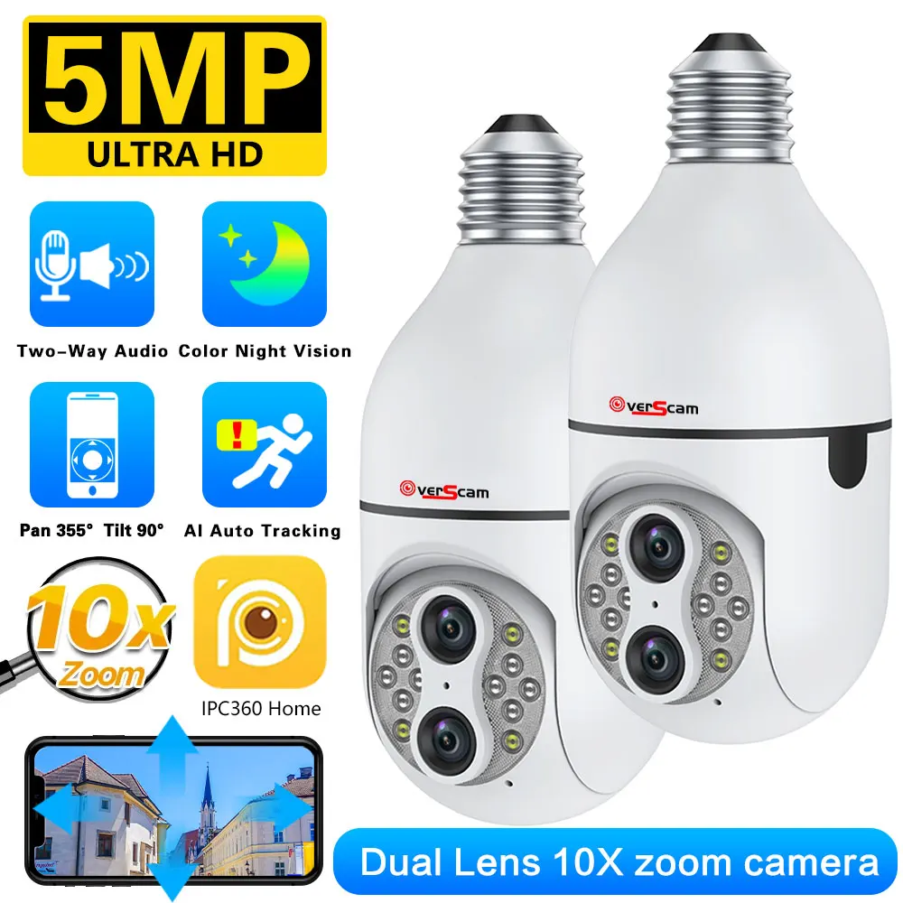 5MP HD Dual Lens Wireless Security Camera Auto Tracking 10X Zoom 360° Panoramic WiFi PTZ IP E27 Light Bulb CCTV WiFi Cam IPC360