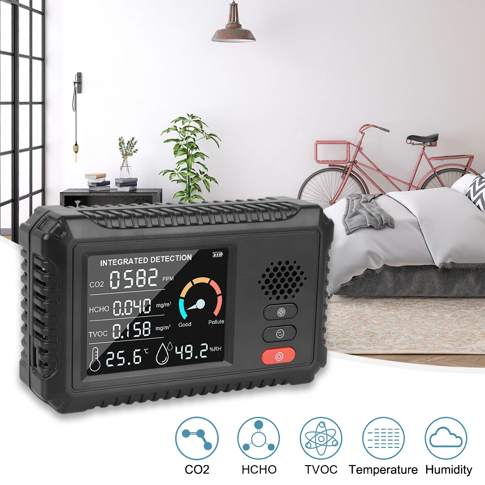 

Carbon Dioxide Sensor Air Tester TVOC HCHO CO2 Gas Detector Gas Analyzer Multifunctional Air Quality Monitor Home Office Outdoor