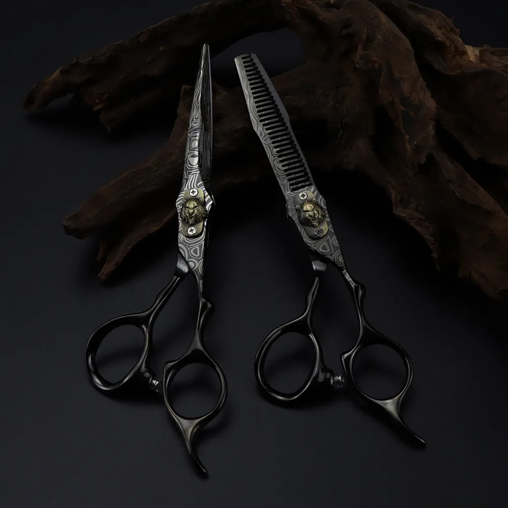 Professional 6 '' Upscale Black Damascus scissor Tiger hair scissors cutting barber haircut thinning shears hairdresser scissors