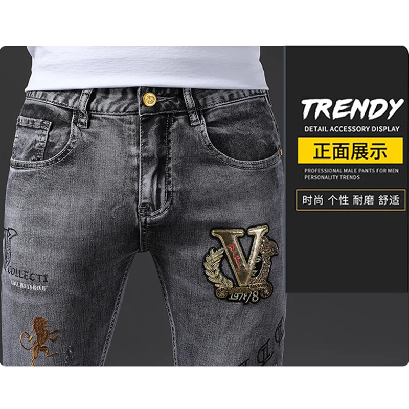 Streetwear Men 2022 New Embroidered Recreational Jeans Sense of Design Vintage Light Grey Pencil Pants Autumn and Winter Female