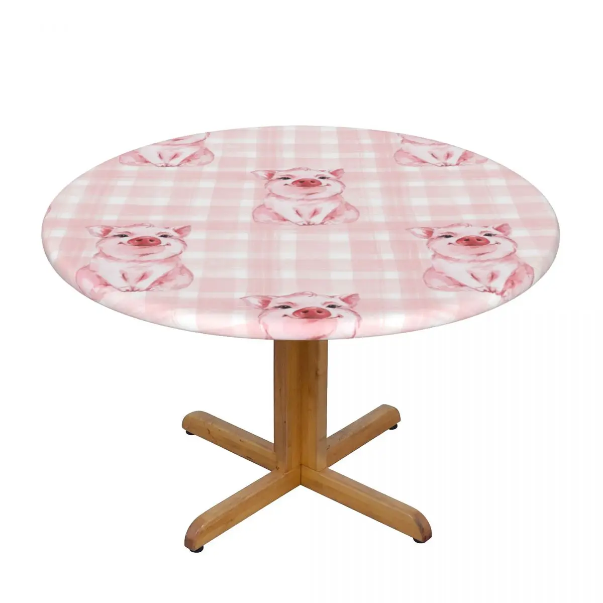 

Fitted Round Tablecloth Protector Soft Glass Table Cover Cute Pink Pig On Plaid Backgroud Anti-Scald Plate Kitchen Home Tablemat