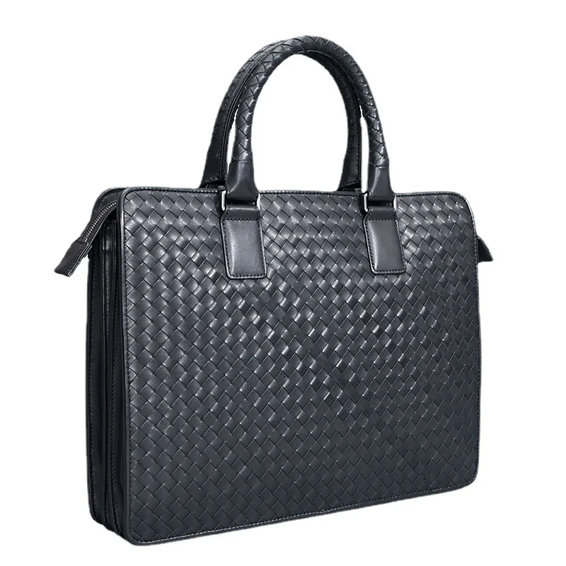 

Korean Fashion Official Bag Top Layer Cow Leather Woven Business Leather Men's Handbag Fashion Computer Bag Envelope
