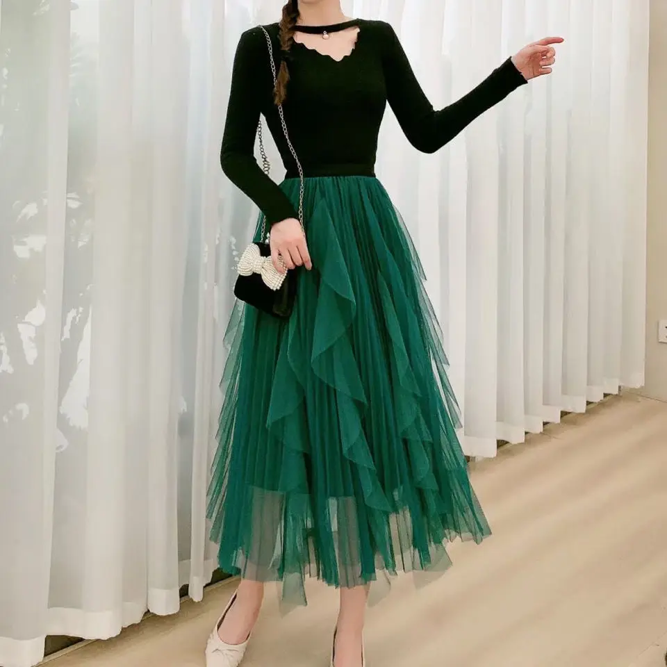 

Elegant Vintage Irregular Tulle Pleated Boho Women Long Skirts 2022 High Waist Female Chiffon Umbrella Skirts Spring Summer