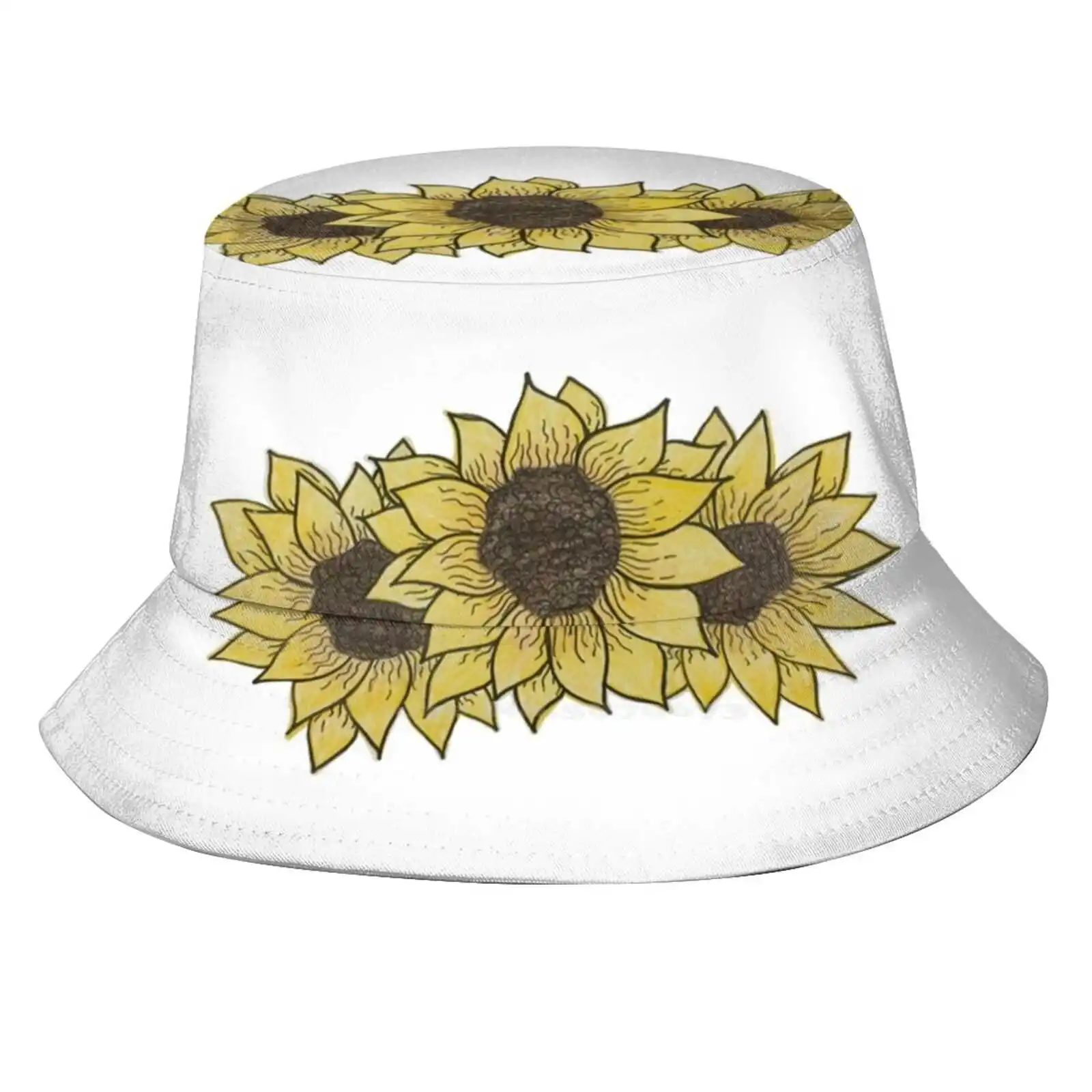 Three Sunflowers Causal Cap Buckets Hat Brown Sketch Three Lines Colored Pencil Sunflowers Sunflower Seeds Yellow Flowers