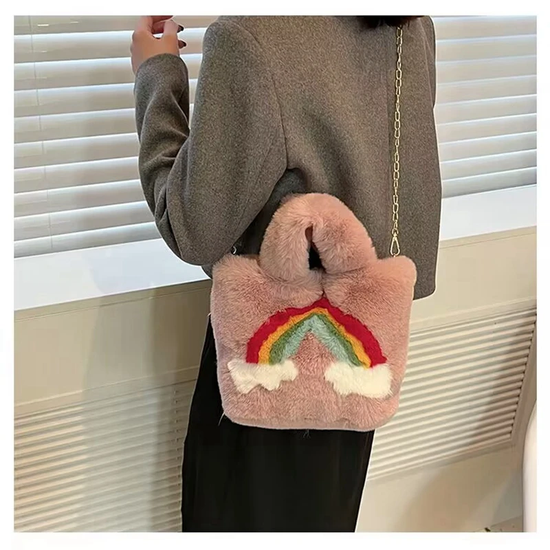Fashion plush tote bag for Women Soft Warm Fluffy Ladies Chain Shoulder Crossbody Bag Travel Street Shopping Handbags