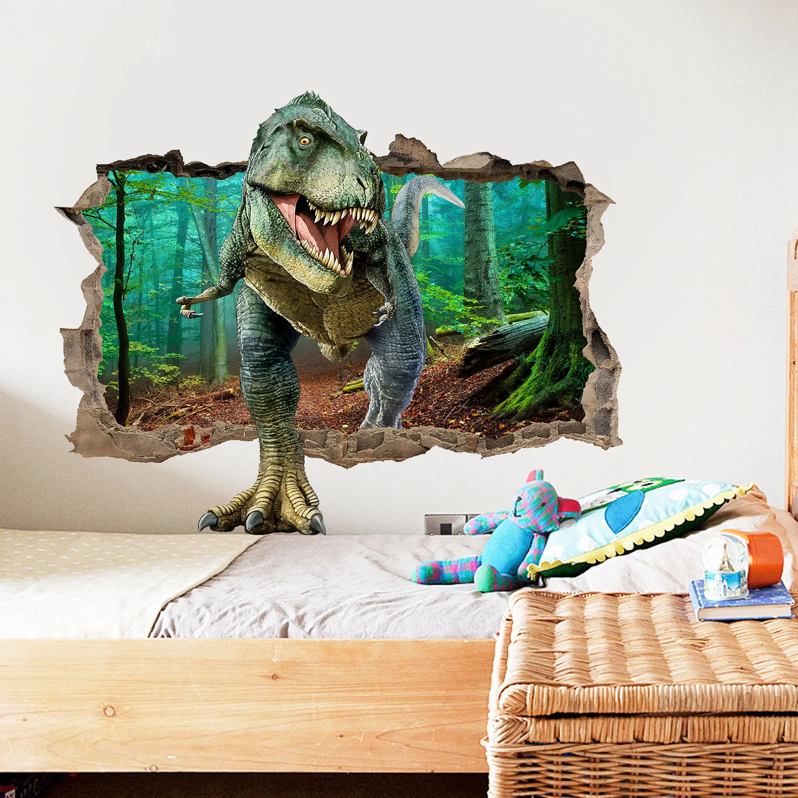 

3D Broken Wall Wallpaper Vinyl Sticker Animal World Jurassic Dinosaur Cartoon Wall Sticker Kids Room Decor Poster Mural Decor