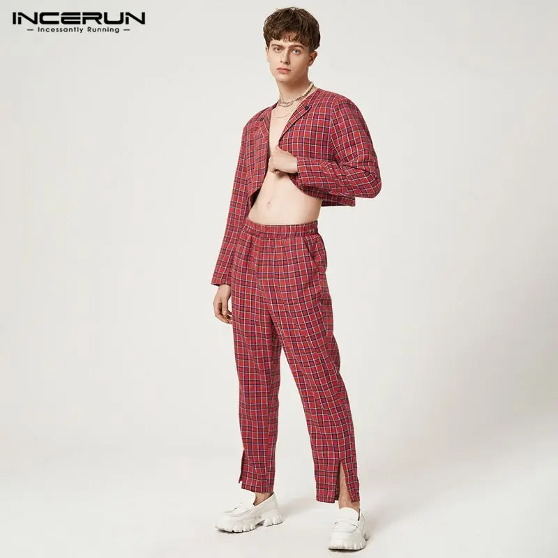 

INCERUN Men Paid Sets Streetwear Open Stitch Long Sleeve Crop Shirt & Long Pants 2PCS 2023 Personlaity Vintage Men Casual Suits