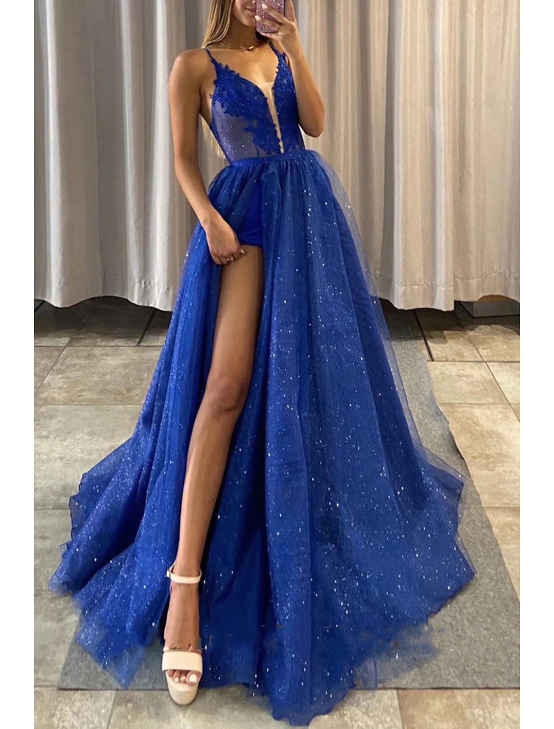 

Sexy Royal Blue Women Prom Formal Dress 2023 V Neck Tulle Sequined Backless A-line Evening Party Gowns Vestidos De Fieast