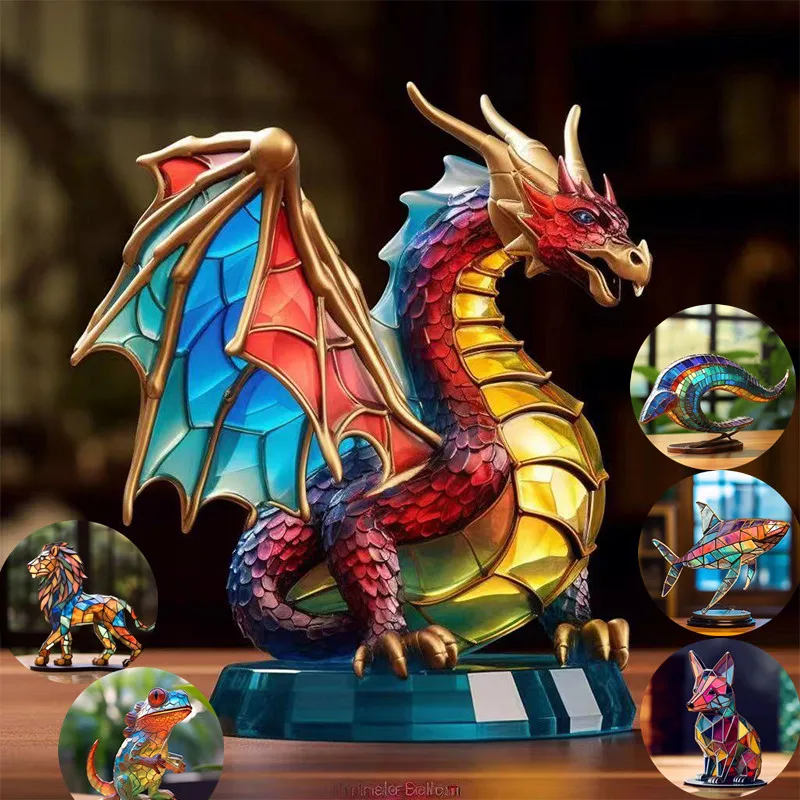 

Creative Wildlife Metal Art Dragon Lion Shark Fox Lizard Desktop Ornament Acrylic Metal Double Sided Multicolor Home Decoration