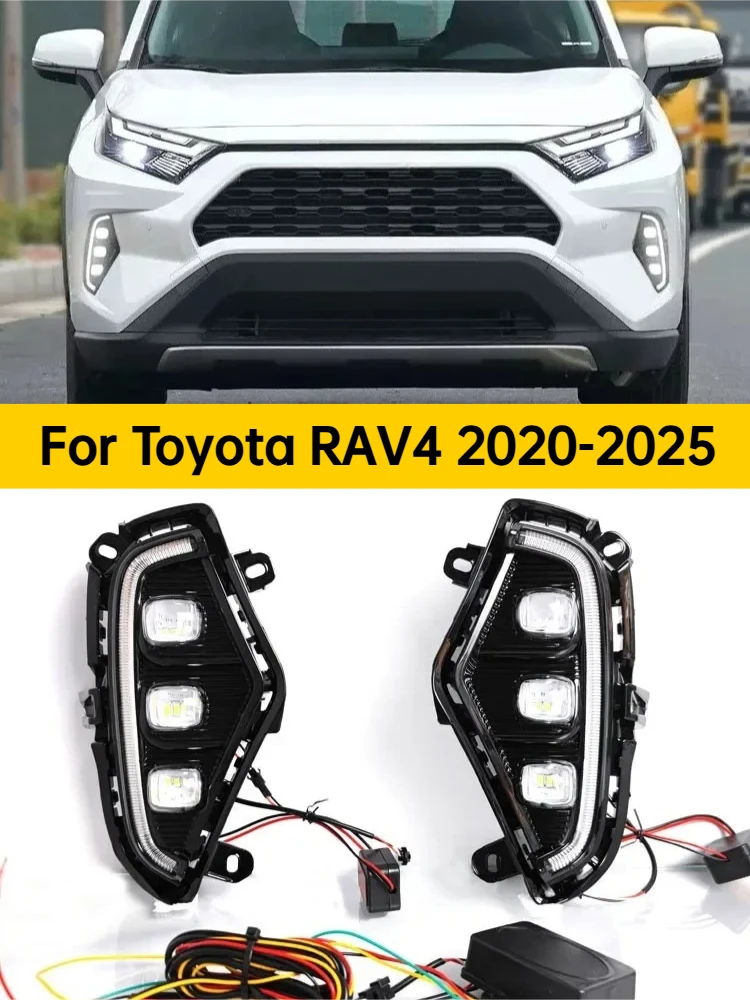 Фото Для Toyota RAV4 2020-2025: Светодиодные дневные ходовые огни (ДХО) с линзованными линзами, передние противотуманные фары, обновленная рамка, светодиодные ДХО с желтым сигналом поворота №1