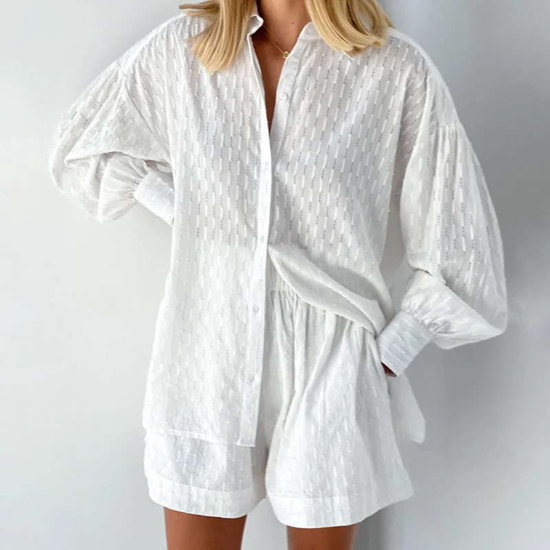 

White Elegant Women Suit Soft Vacation Suits Women Long Sleeves Shirts And Hot Pants Two Pieces Outfits Summer 2022