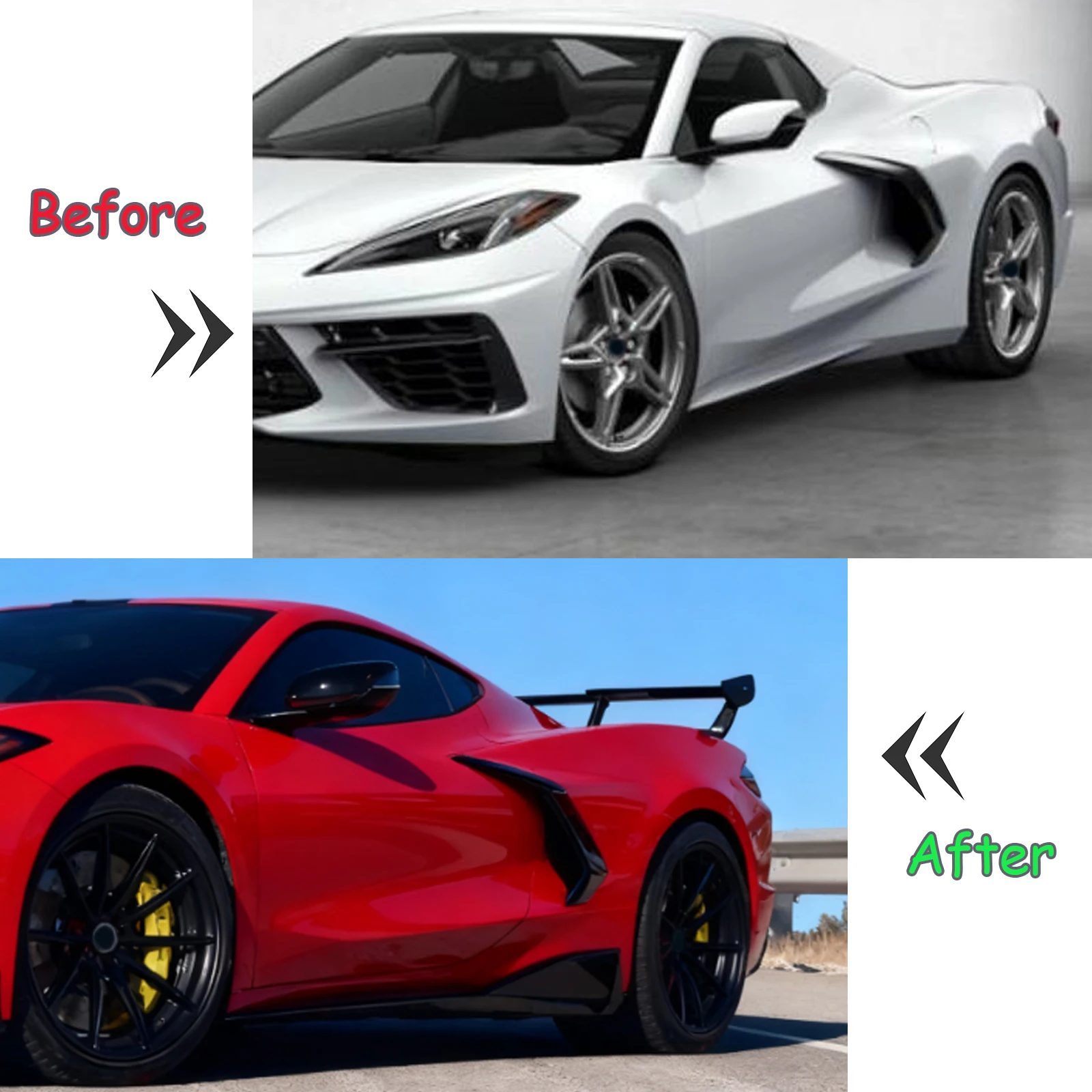 Фото Для Chevrolet Corvette C8 Stingray/Z51 2020-2024 пара из 6 шт., комплект расширения боковой юбки автомобиля, АБС-пластик, глянцевый черный №2