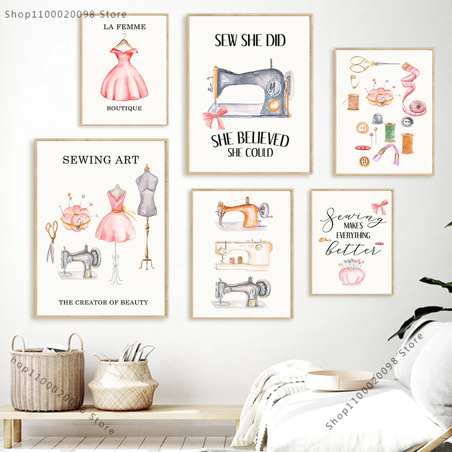 

Модная Акварельная швейная машина, плакаты и принты в скандинавском стиле, настенное искусство, Картина на холсте, картины для гостиной, дом...