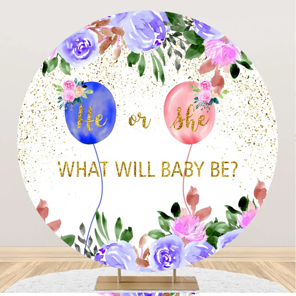 

Laeacco Baby Shower Backdrop He or She Newborn Gender Reveal Round Photography Background Balloon For Photo Studio Props Poster