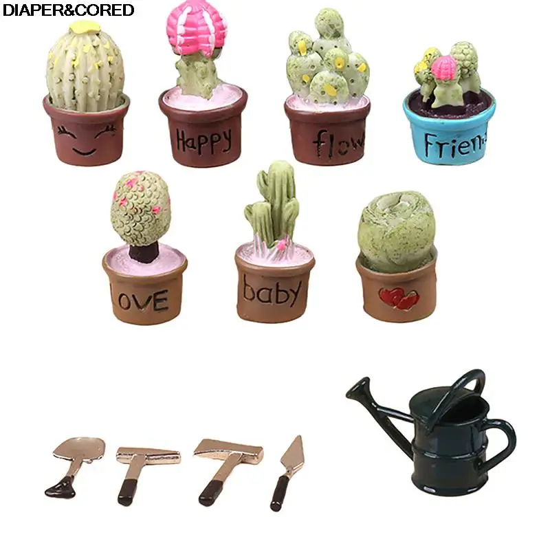 1Set 1:12 Dollhouse Miniature Succulent Potted Plant Shovel Ax Sprinkler Bucket Gardening Tool Decor Doll House Accessories